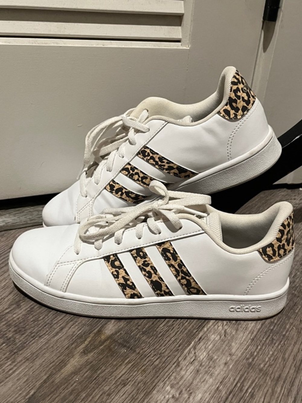 adidas White Women's Sneakers with Leopard Stripe Accents